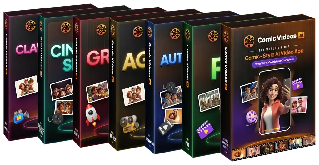 The Comic Videos AI Bundle: the Front End box with the PRO, Automation, Agency, Growth, Cinematic Sites AI and ClawAgent AI boxes behind it