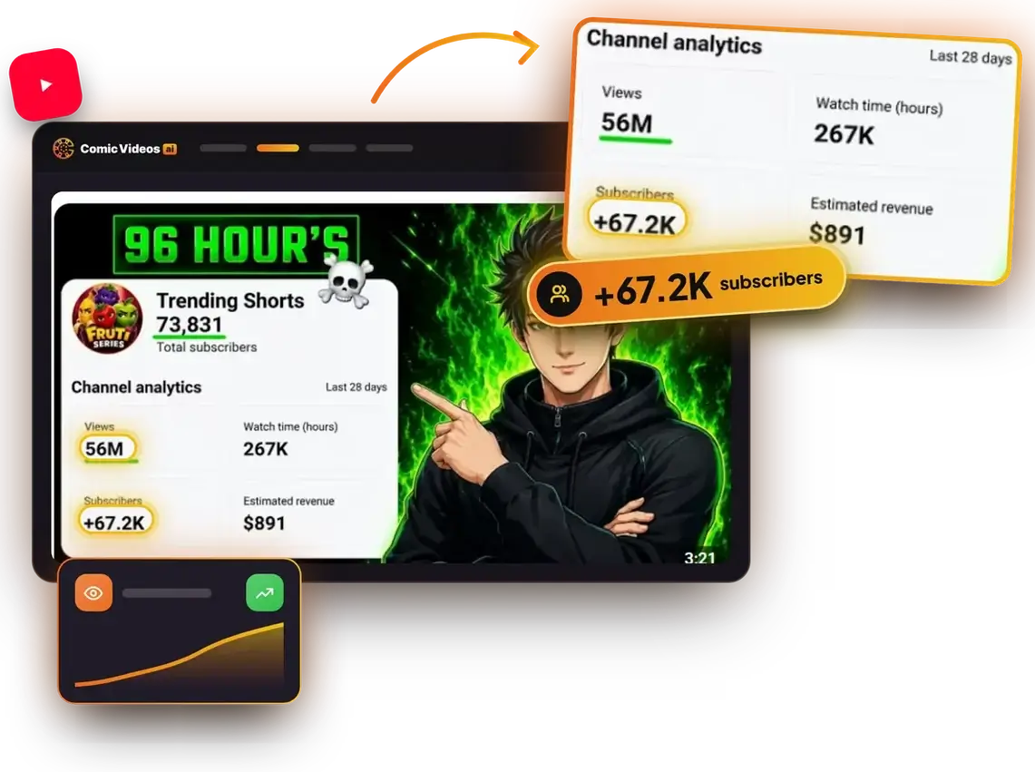 YouTube channel analytics: 56M views and +67.2K subscribers in 96 hours, the key number magnified and highlighted