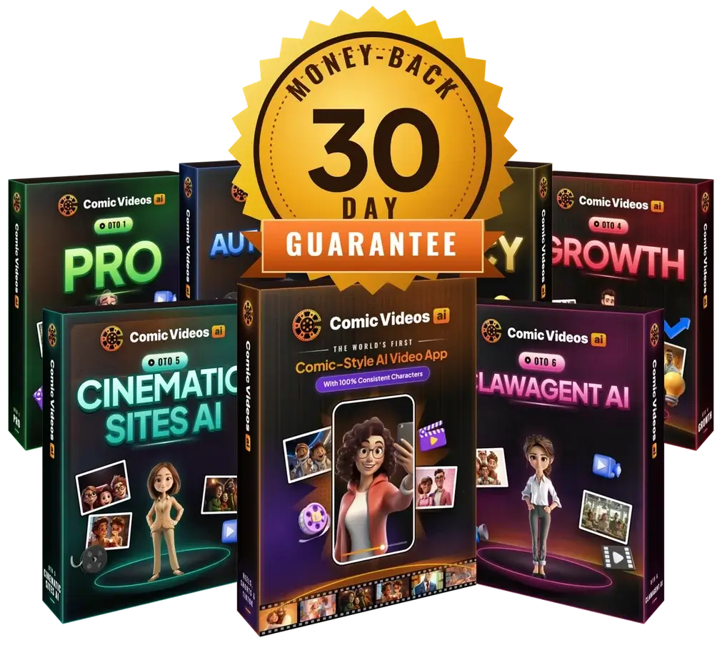 30 Day Money-Back Guarantee seal on top of the seven Comic Videos AI Bundle boxes in two rows
