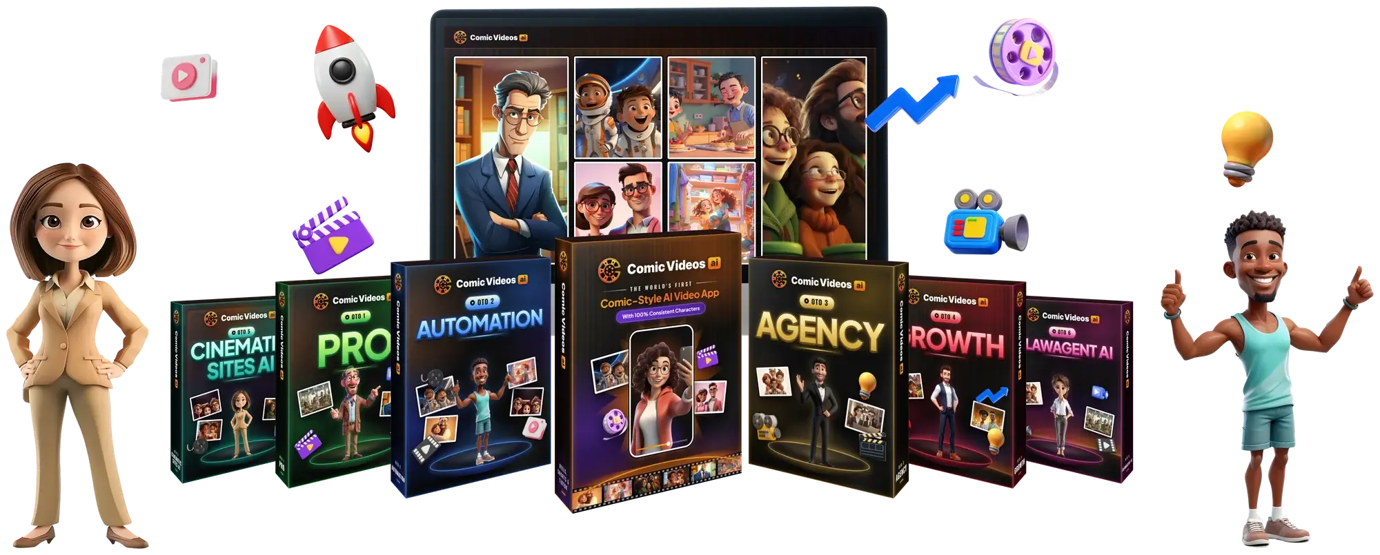 Comic Videos AI Bundle: the desktop screen with the Front End box and the six upgrade boxes around it