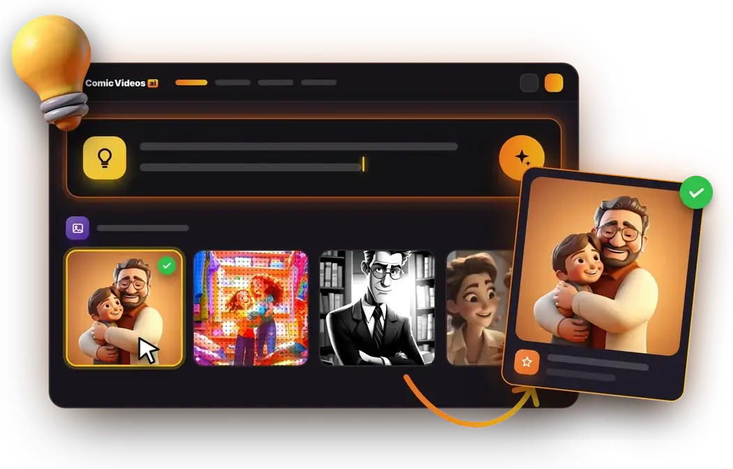 Comic Videos AI app: typing an idea into the prompt bar and picking an animation style