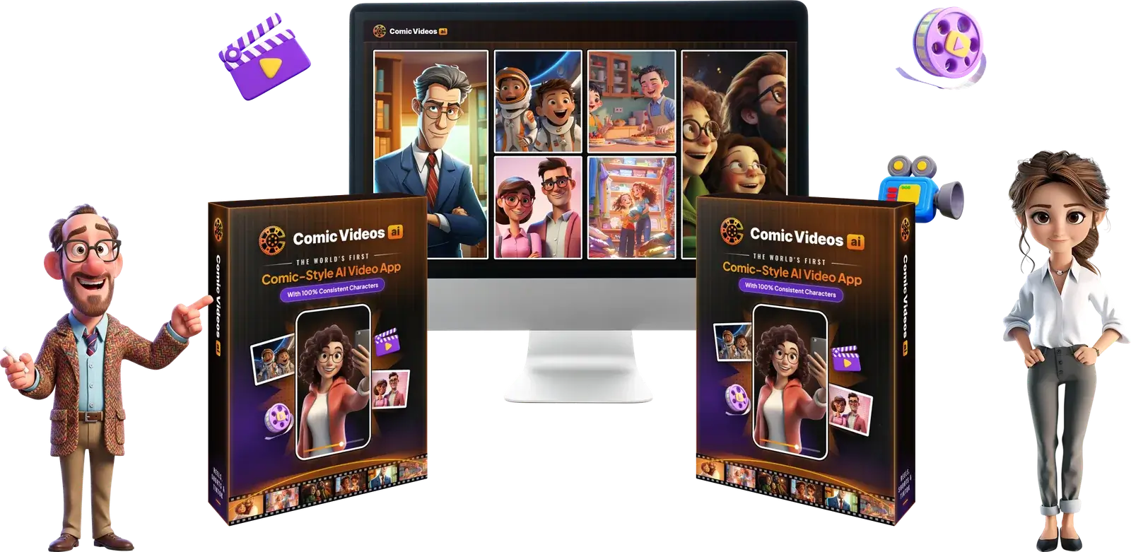 Comic Videos AI software boxes and desktop screen showing comic-style video scenes