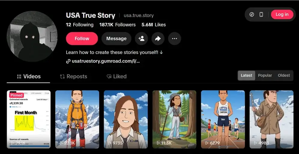 TikTok profile USA True Story with 187.1K followers