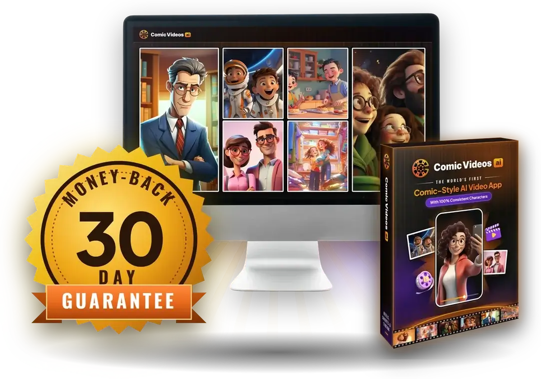 30 Day Money-Back Guarantee seal beside the Comic Videos AI box and a desktop screen of comic scenes