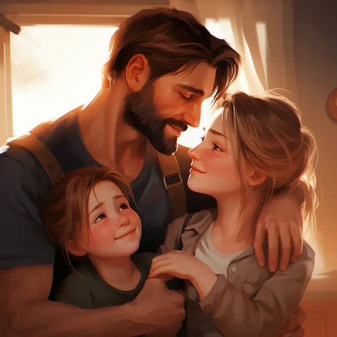3D cartoon family hugging in a warm cinematic scene