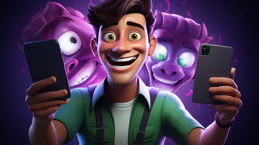 3D cartoon creator holding two phones with cartoon characters popping out of the screens