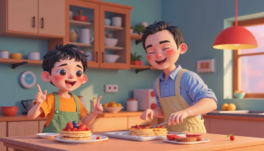 3D cartoon father and son cooking pancakes