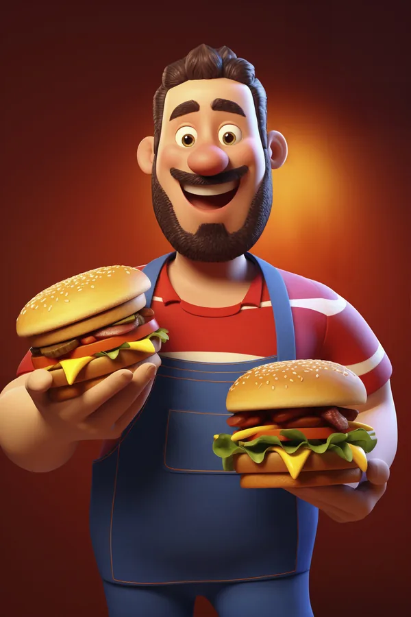 3D cartoon vendor proudly presenting two burgers