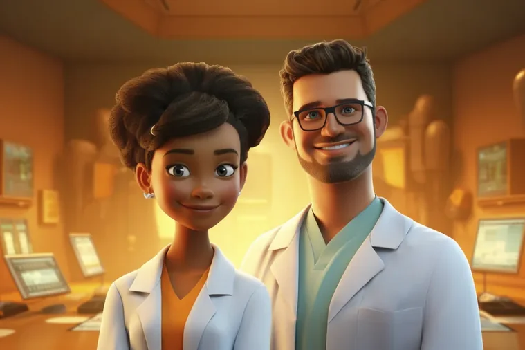 3D cartoon doctors in a hospital office