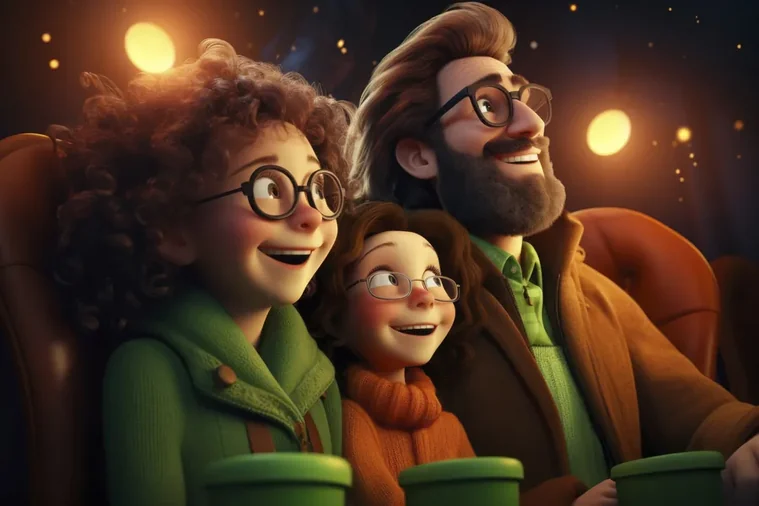 3D cartoon family watching a movie in a cinema