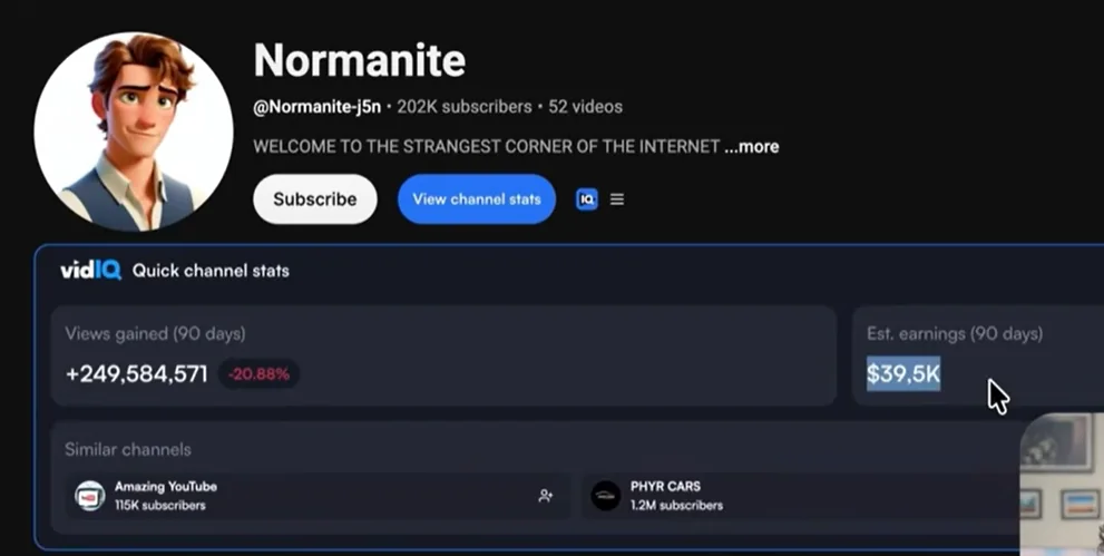 YouTube channel Normanite with 202K subscribers and vidIQ stats