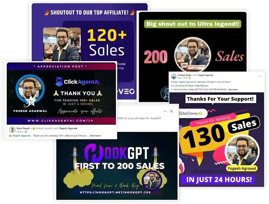 Affiliate shout-out posts thanking Yogesh Agarwal for top sales