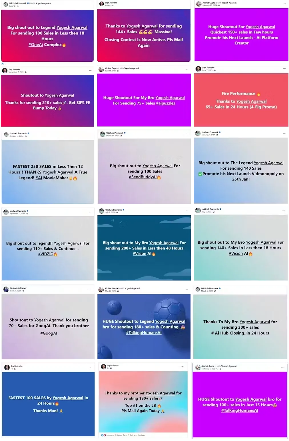 Grid of vendor shout-outs to Yogesh Agarwal for sending sales