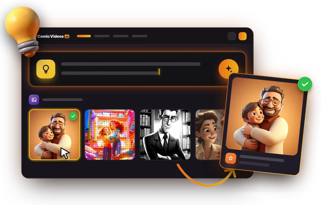 ComicVideos AI app: typing an idea into the prompt bar and picking an animation style