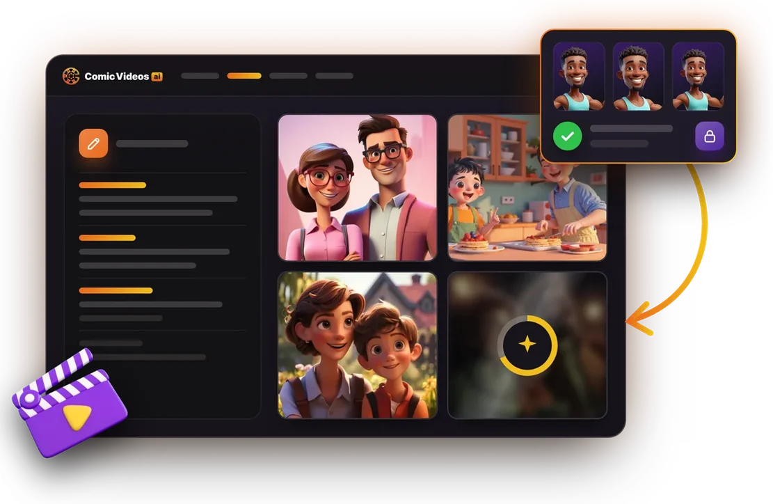 ComicVideos AI app: AI-written script beside generated comic panels, with a consistent character card