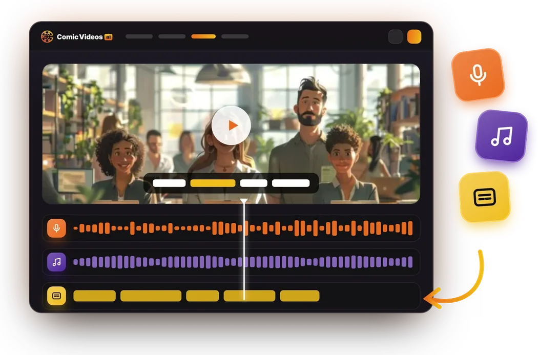 ComicVideos AI app: video preview with captions above voice, music and caption tracks