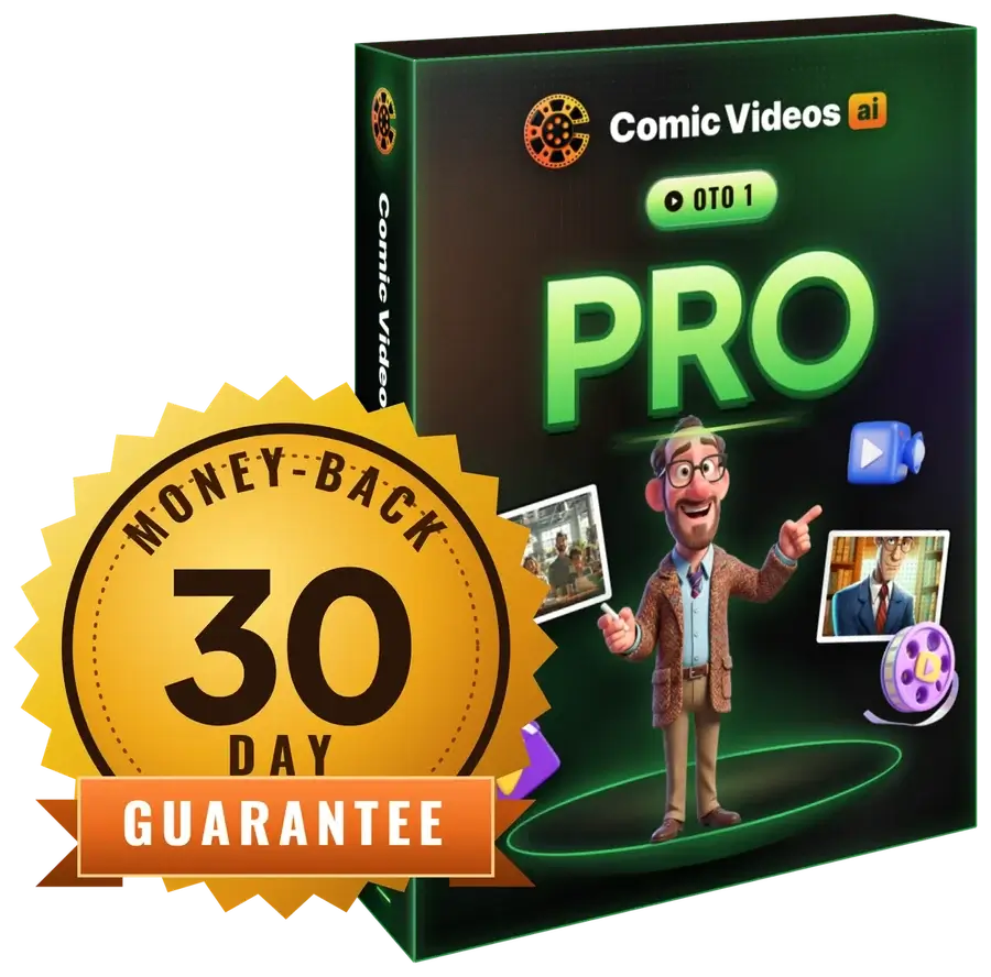 30 Day Money-Back Guarantee seal in front of the Comic Videos AI PRO box