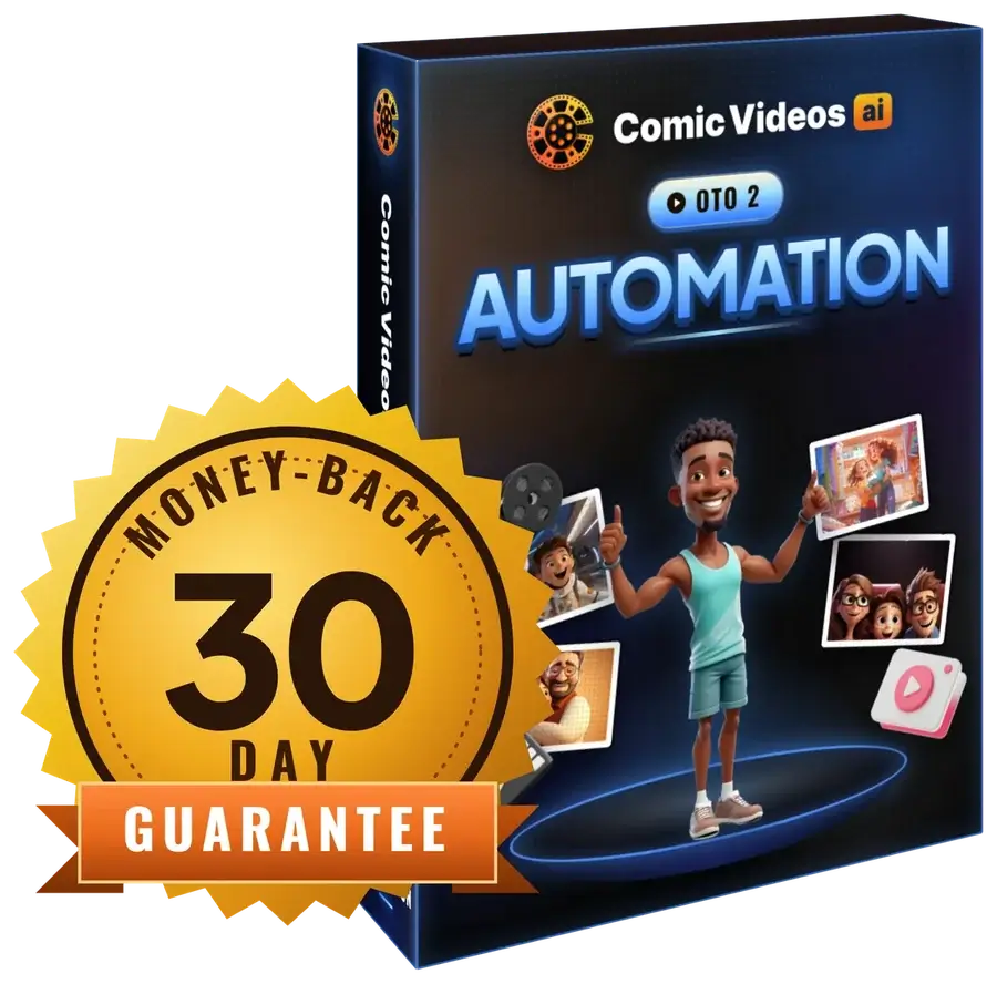 30 Day Money-Back Guarantee seal in front of the Comic Videos AI Automation box