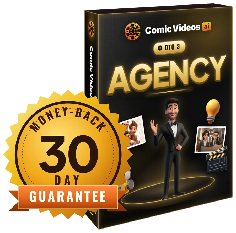 30 Day Money-Back Guarantee seal in front of the Comic Videos AI Agency box