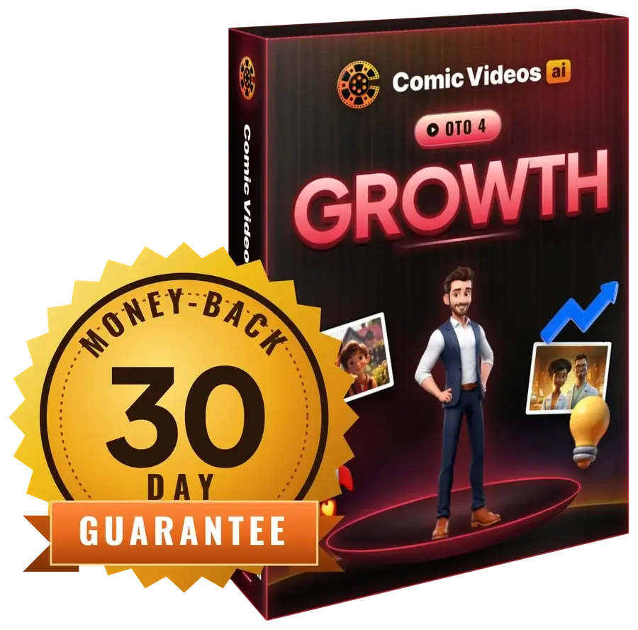 30 Day Money-Back Guarantee seal in front of the Comic Videos AI Growth box